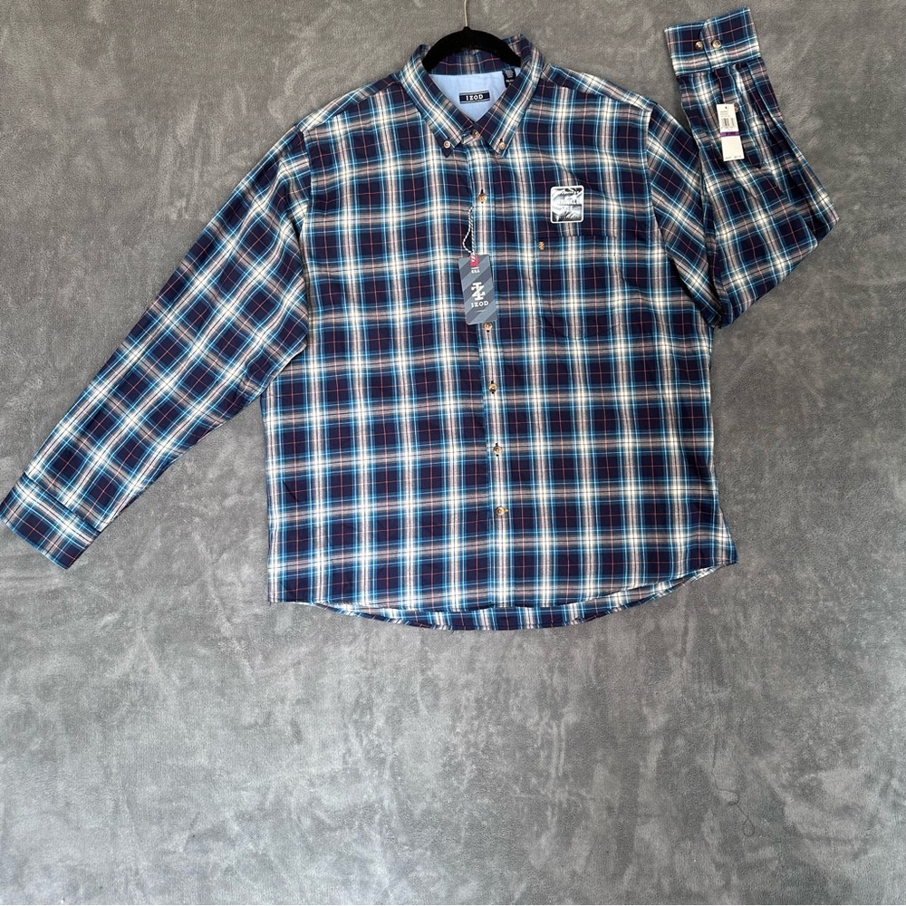 Izod NWT Navy Blue White Plaid Button-Down Casual Dress Office Shirt XXL New